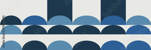 An abstract pattern featuring rows of blue semicircles and squares on a white background design element