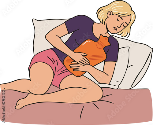 Woman lying on bed with hot water bottle for stomach pain relief in casual outfit vector illustration 