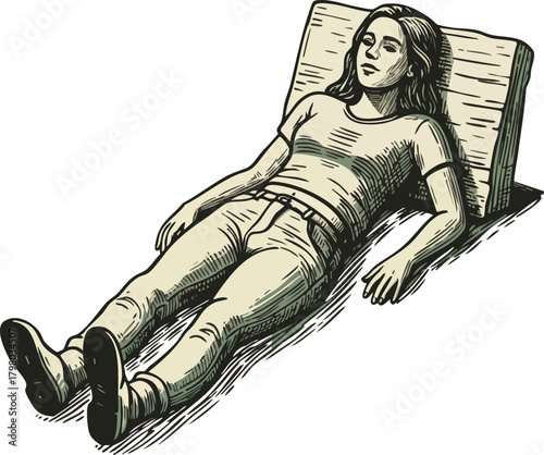 Woman lying down on pillow resting and relaxing in casual clothes vector illustration calm and peaceful pose 
