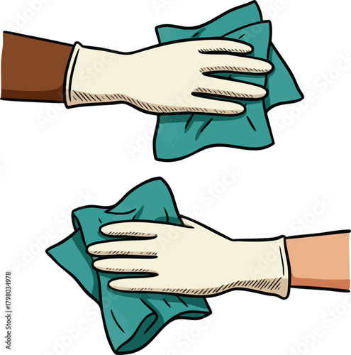 Hands Wearing Gloves Cleaning with Cloths Illustration Showing Hygiene Practice and Safety Precaution in Healthcare or Household Settings 