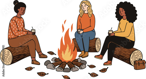 Women Sitting Around Campfire Drinking Hot Beverages Relaxing Outdoors Autumn Scene Vector Illustration 