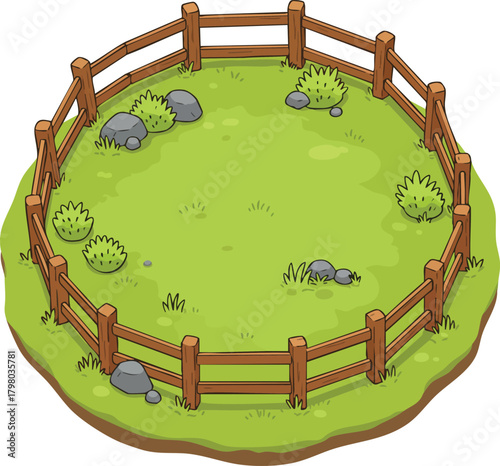 Wooden Fence Enclosing Green Grass Field with Bushes and Rocks Vector Illustration 