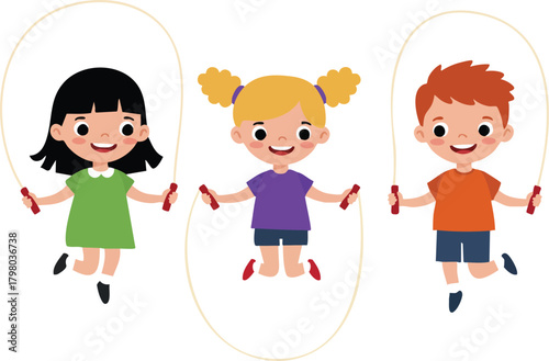 Children jumping rope together in playful activity with colorful clothes and happy expressions vector illustration 