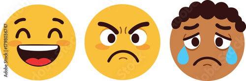 Three round emoticon faces showing happy angry and sad expressions with tears vector illustration 