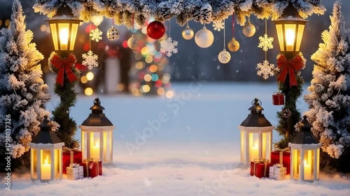 Christmas Lantern in Snow with Colorful Bokeh Lights, Holiday Background, festive scene, festive background, Christmas ambience background, Christmas background videos, Holiday Stock Footage