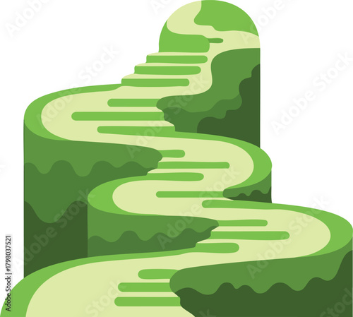 Green winding staircase hill landscape vector illustration with layered terrain and path design 