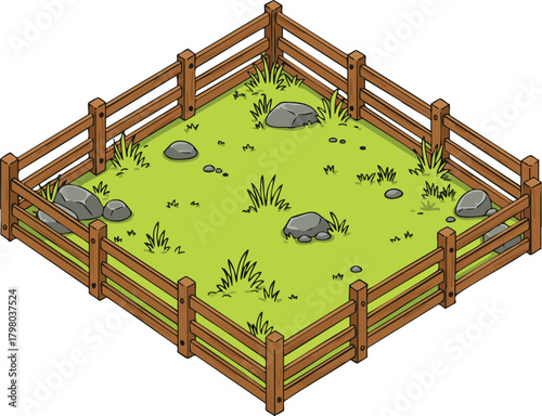 Isometric wooden fence enclosure with green grass and scattered rocks vector illustration 