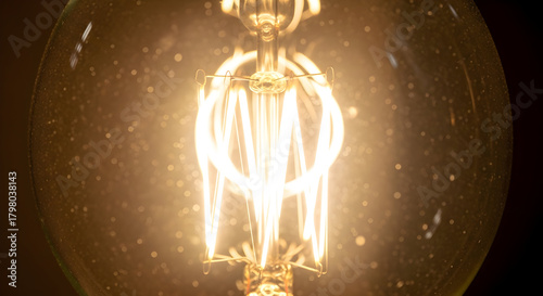 Close up extreme detail of a vintage edison filament light bulb glowing with warm light and intricate internal structure