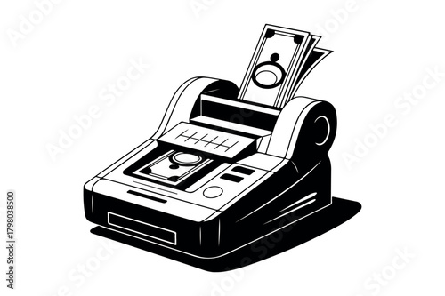 Illustration of a cash counting machine processing banknotes with a stylized design