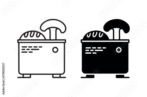 Simple black and white icons of a bread toaster with bread and mushroom