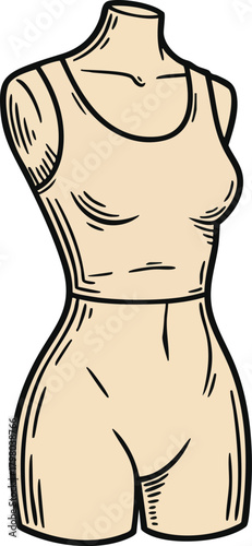 Female torso mannequin wearing sleeveless top in vintage sketch style illustration for fashion design and tailoring 