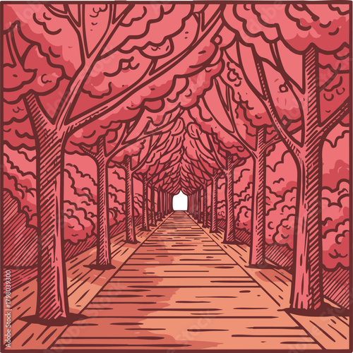 Tree-lined pathway with red foliage and wooden floor in autumn season vector illustration 