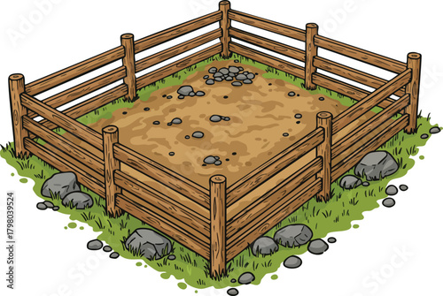 Wooden fenced garden plot with soil and scattered rocks surrounded by grass and stones vector illustration 