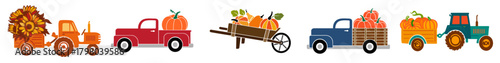 Fall harvest trucks and tractors bundle, autumn pumpkins, rustic farm cars, wagons and carts for Thanksgiving