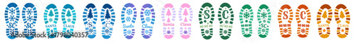 Santa Claus boot prints bundle. Christmas footprints in multiple colors, snowy tracks, elf shoe prints,  collection