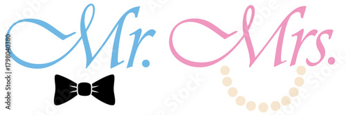 Mr and Mrs wedding lettering with bow tie and pearl necklace