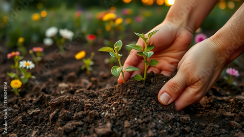 Plant in soil being fertilized by hand with seeds in garden with flowers at sunset for growth and gardening