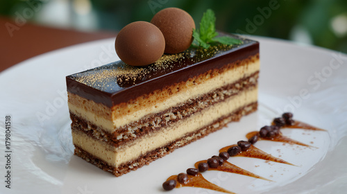 Opera cake with thin layers of coffee cream and dark chocolate