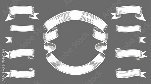 Ribbon banners with a vintage modern look incorporate hand drawn sketch elements commonly found in posters, logos, and invitation cards, showcasing retro heraldic ribbons