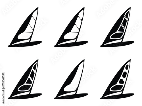 Windsurfing and Water Sports Silhouette Set – Surf, Jet Ski, Beach Activity Icons in Black Vector Illustration