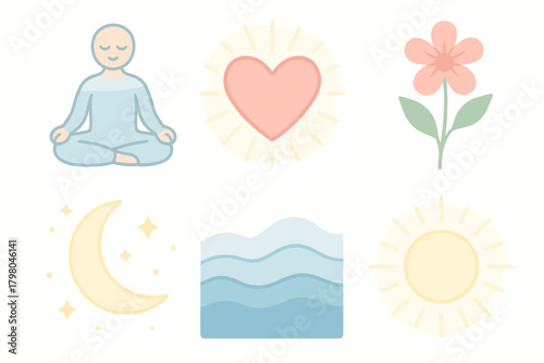 Symbols glowing background flower aura vector calm compassion icon meditating waves moon