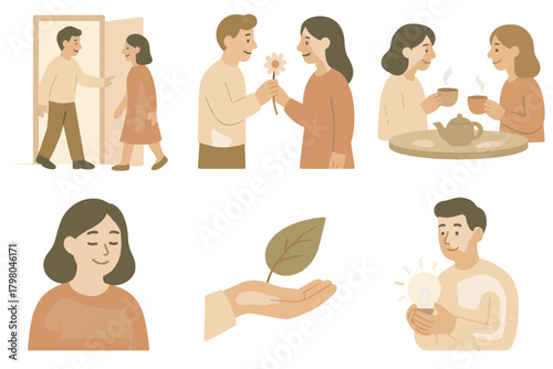 Giving acts vector tea kindness composition text glowing icon gentle white background