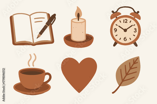 Pen journaling reflections candle icon grid clock background text tea vector tranquil