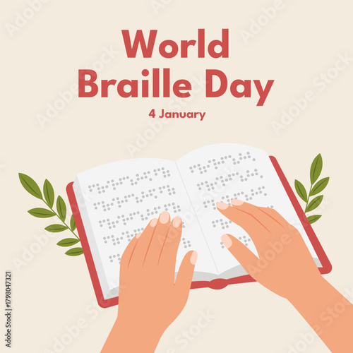 World Braille Day.Text by Alphabet for Means of Communication. A Hand Tracing the Pages of a Book Written in Braille.Vector Illustration