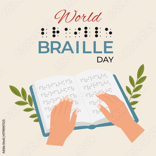 World Braille Day.Text by Alphabet for Means of Communication. A Hand Tracing the Pages of a Book Written in Braille.Vector Illustration