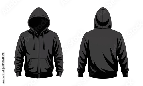 Black Zip Hoodie Front And Back Mockup Vector illustration, easily editable. 