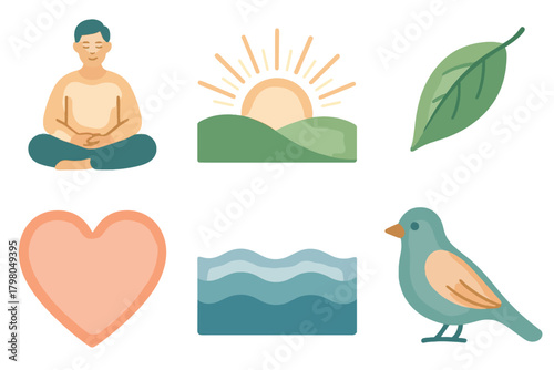 Heart gratitude no meditating vector sunrise floating icons peace waves icon background