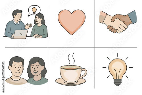 Ideas tea icon simple text work faces coworkers handshake empathy tones background