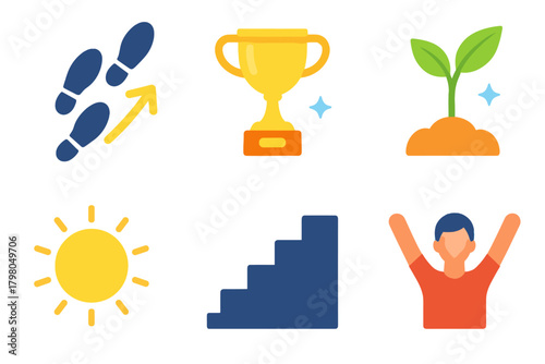 Harmonious vector oriented person goal plant icon glowing white journey up sun