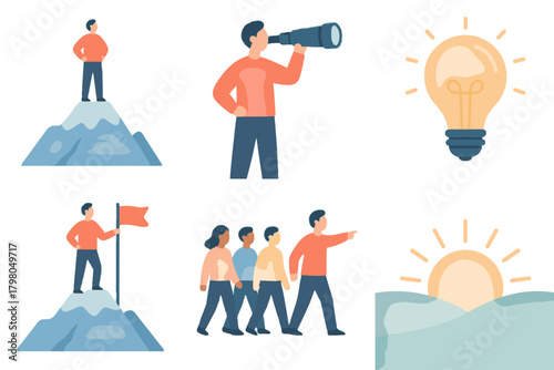 Standing visionary team icon design leadership white text vector flag illustrations mountain