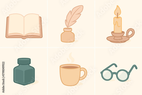 Literary text no white essentials grid feather bottle open icon vector ink