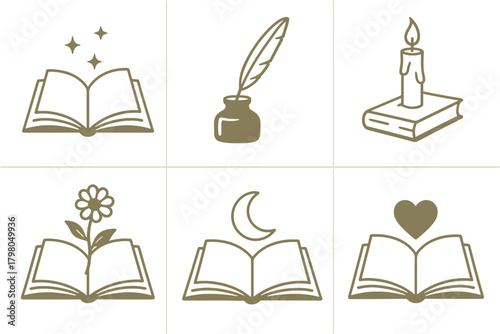 Icon candle vector literary background moon icons book open grid pen design
