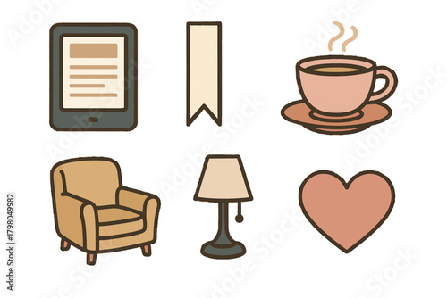 Essentials modern tea icon cup tablet text white comfy vector lamp reading