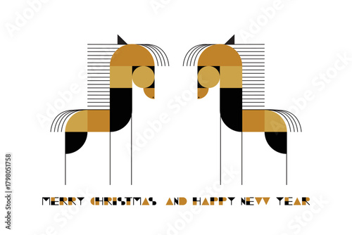 2026 Year of the Horse New Year's Card Template. Happy New Year and Christmas postcard. Abstract geometric modern vector illustrations