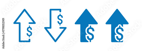Blue Up and Down Arrows with Dollar Signs currency On Transparent Background