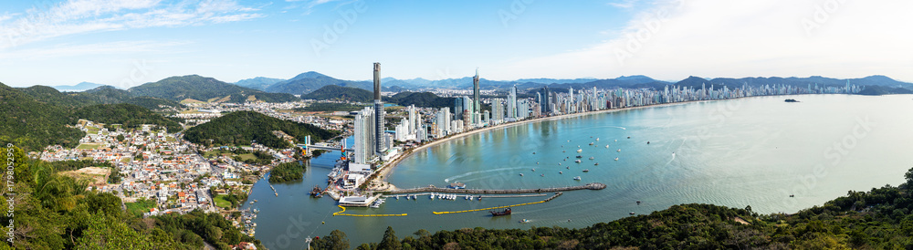 Fototapeta premium Aerial view of the beach and city of Balneário Camboriú with turquoise water, Santa Catarina, Brazil.