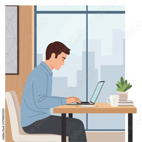 Man working on laptop at desk with city view from window.