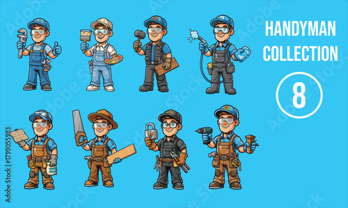 Set of cartoon handyman mascot logo characters vector collection