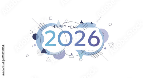 Festive happy new year typographic design with elegant swirling decorative elements and celebratory text