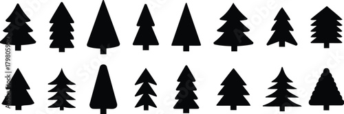 Collection of stylized silhouette christmas trees on white background