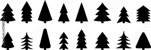 Collection of stylized black pine trees on white background