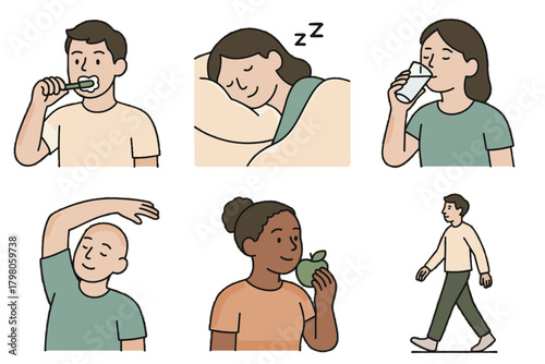 Water muted white palette stretching icon habits vector healthy sleeping grid no