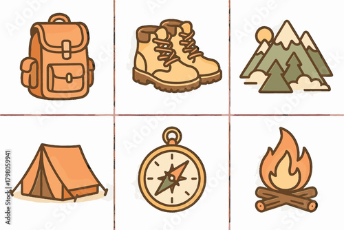 Tones compass gear pastel text boots vector highlights warm icon adventure mountain
