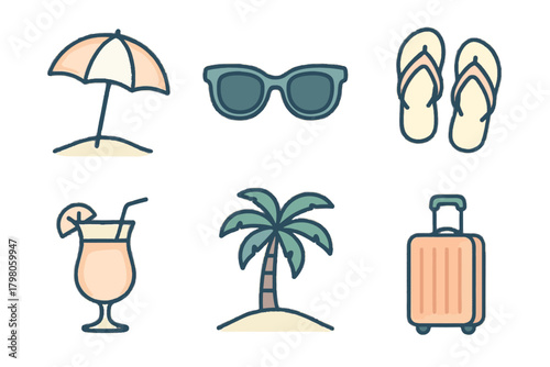 Icon white grid essentials clean text vacation sunglasses background umbrella soft cocktail