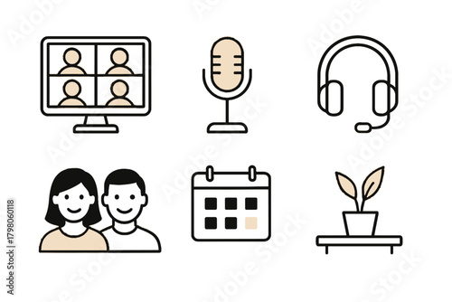 Desk icon smiling computer meeting minimal text vector essentials white people virtual