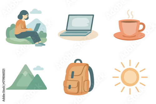 Icon mountains design table bliss backpack freelance smooth cup laptop text vector